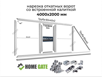 Нарезка откатных ворот со встроенной калиткой + Фурнитура (на проем до 4000х2000 мм (ШхВ), вес до 450 кг, Home Gate (KAB) )